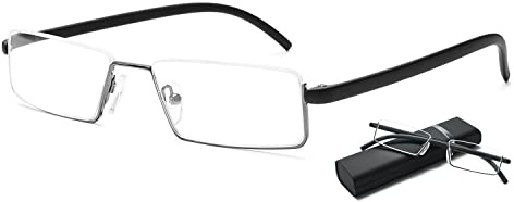 VEVESMUNDO Anti Blaulicht Lesebrille mit Etui Metall TR90 Flexibel Leicht Kleine Halbrand Sehhilfe Lesehilfe Brille für Herren Damen(1 Stück Schwarz Lesebrille mit Hülle, +1.5)