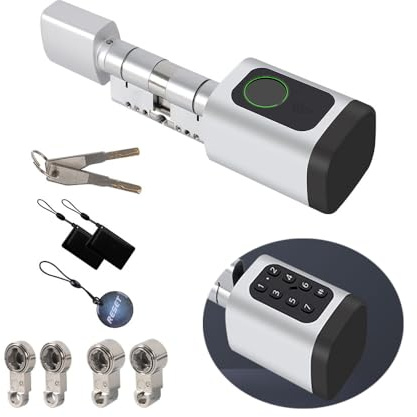 YoumiAi Bluetooth Smart Türschloss Zylinderschloss 40/40 Knaufzylinder,Fingerabdruck/IC/Schlüssel/Tuya APP Entriegeln,Erforderliche Tuya Ble Hub, um Timer/App -Remote freizuschalten(Silber 80mm)
