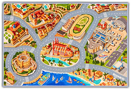 BOOMKID® • Lernen & Spielen • Straßenteppich Mallorca handgezeichnet • 150x100cm • Oeko-TEX & TÜV • Autoteppich Kinderteppich Spielteppich Jungs Mädchen Auto Junge Autos