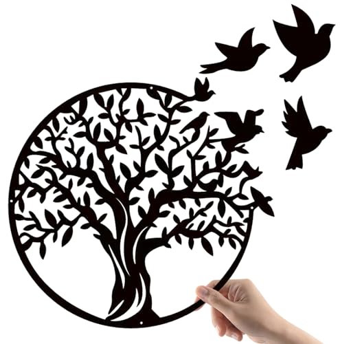 Luccyle Wanddeko aus Metall, Metall Baum des Lebens Wanddekoration Silhouette, Stammbaum mit Vögeln auf Ast, Dekoration für Zuhause, Schlafzimmer, Wohnzimmer, Küche (Schwarz, 49x49cm)