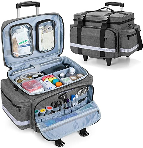 Damero Rolling Medical Bag with Detachable Trolley and Dividers, Gray
