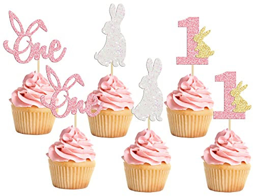 Cupcake-Topper Some Bunny is One, 24 Stück, rosa Glitzer, Oster-Kuchendekorationen, Hase, Oster-Thema, Mädchen, Frühlings-Thema, erster Geburtstag, Party-Dekorationen