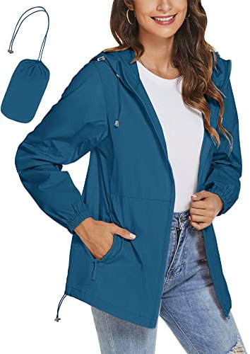 iWoo Waterproof Coat Womens Ladies Lightweight Jackets Summer Raincoat Hooded Rain Jacket For Running Hiking Walking Blue S