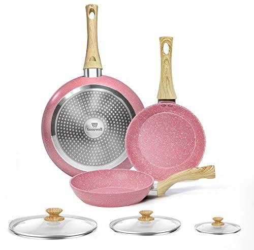 Innerwell Pfannenset mit Deckel 3-teilig, Bratpfannen 20 cm, 24 cm und 28 cm, Pfannen Induktion mit Keramik Antihaftbeschichtung in Profiqualität, Backofenfest, PFOA-frei, Spülmaschinenfest, Rosa