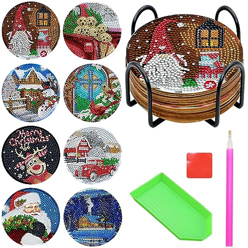 VEGCOO 8 Stück Diamond Painting Untersetzer mit Halter,Winterelemente Diamantkunst-Untersetzer DIY-Diamantkunstset Diamantkunst-Untersetzer für Erwachsene und Kinder