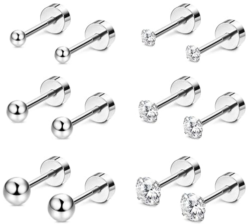 Kakonia 6Paar Ohrstecker für Damen Heren Titan Chirurgenstahl Piercing Ohr Silber Gold Rosegold Schwarz Tiny Stud Earrings Mehrere Piercing Hypoallergene Zirkonia Knorpel Tragus Helix Set