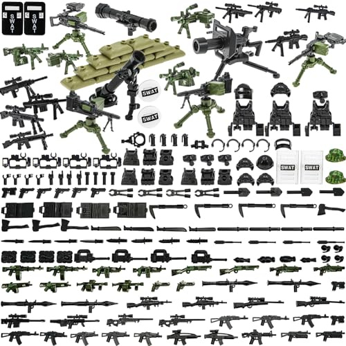 BrickBounty 130 Piezas Pistolas-Armas-Paquetes Juguete Bloque de Construcción, Casco Chaleco Set de Equipo para Ladrillos-Soldado Minifiguras WW2 Bases Militares SWAT Rangers Munición.