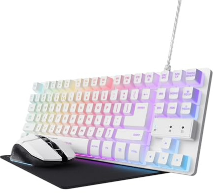 Trust Gaming GXT 794W Kit 3-in-1 Mouse e Tastiera Gaming TKL, Layout Italiano QWERTY, Tastiera Plastica Riciclata, Mouse Wireless 80 Ore di Autonomia, Tappetino, Bundle Pacchetto Gamer RGB PC, Bianco