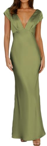 Halfisland - Vestido Largo de satén para Mujer, de Verano, Escote en V, Manga Casquillo, Espalda Descubierta, Elegante, Maxi, drapeado, Largo Midi, para invitada de Boda, Verde -Oliva, S