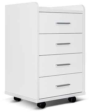 One Living Bürokommode mit 4 Schubladen – Weiß mit stabilem Rahmen, Lenkrollen, Metallgriffe – fertig montiert, modernes Design, leicht zu bewegen (weiß L 40 x B 35 x H 60 cm)