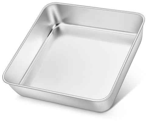 E-far 8x8 Inch Square Cake Pan, Stainless Steel Baking Pan for Lasagna Brownies Casseroles, Silver Square Bakeware for Oven Cooking, Non-Toxic & Rust Free, Dishwasher Safe, 2 Inch deep