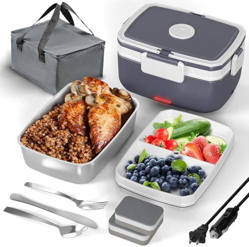 Electric Heated Lunch Box for Men - 2L 90W Double Layer Portable Food Warmer for Adults 12V/24V/110V/220V Fast Heating for Work Food Heater for Car&Truck 304 Stainless Steel(gray)