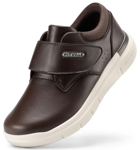 FitVille Diabetic Shoes for Men Extra Wide Comfortable Leather Walking Shoes Hook & Loop Orthopedic Dress Sneakers for Edema and Swollen Feet (X-Wide 12, Dark Brown)