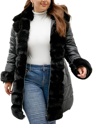 Geschallino Donna Plus Size Cappotto in pelliccia imbottito a bolle e isolato invernale lungo in pelle con cappuccio in pelliccia 12105Plus Nero 4X
