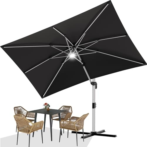 Devoko Sonnenschirm Balkon 300x400x260 cm Alu Ampelschirm mit LED, Wasserabweisend Gartenschirm mit Kurbel,Sonnenschutz UV50+,360°Rotation