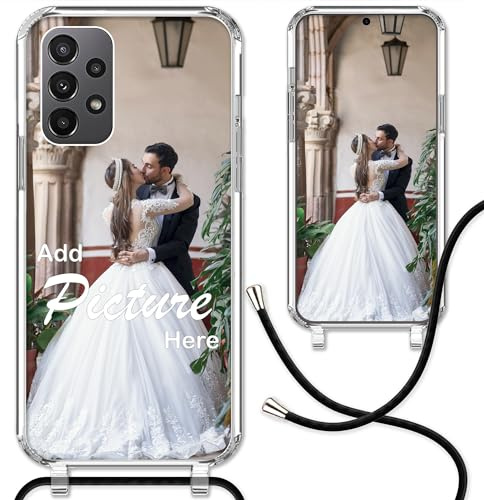 CoverHeld Samsung Galaxy A23 5G Handyhülle mit Band selbst gestalten aus Silikon Hülle mit deinem Bild/Design personaliseren und einzigartig Machen/Handykette Kordel Band in Schwarz