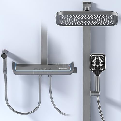 Termostatica Colonna Doccia con Soffione e doccetta - Completo doccia kit con Doccione a Soffitto & Display digitale Doccetta per Bidet, Termostatiche Doccia丨Grigio