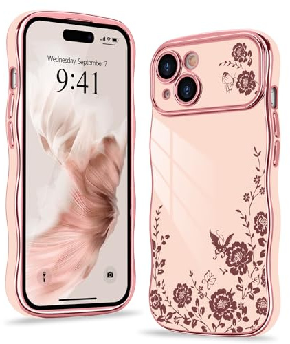 Wirvyuer Compatibile con iPhone 14 Cover motivo floreale Custodia Ondulato Forma Riccio Protezione Fotocamera Galvanizzato Antiurto Cellulare Custodia per iPhone 14 Rosa