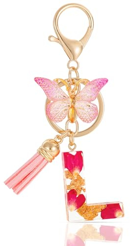 MWOOT Letter Keychain Initiale Schlüsselanhänger Buchstabe L,Alphabet Harz Buchstabe mit Blume Key Chain mit Schmetterling Quaste Anhänger Handtasche Charm,Rosa Blütenblatt Keyring für Frauen (L)