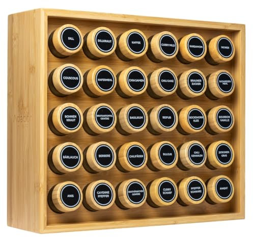 Adabor Gewürzregal aus Bambus Holz stehend oder für Schublade - Spice Rack Gewürz Organizer mit 30 Gläsern - Gewürzgläser mit Bambusdeckel+ Streueinsätze+ 144 Etiketten+ Stift für Gewürzaufbewahrung