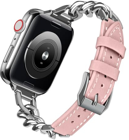 SINAIKE Slim Dressy Leather Apple Watch Band with Stainless Steel Chain Compatible with Apple Watch 38 mm 40 mm 41 mm 42 mm 44 mm 45 mm 46 mm 49 mm Fit for iWatch Bands Series 10 9 8 7 6 5 4 3 2 1