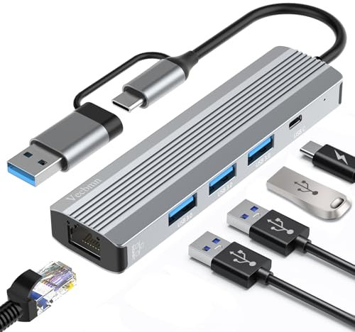 Adattatore USB C Ethernet,Hub USB 3.0 U-S-B-C Ethernet 5 in 2,U-S-B 3.0 a RJ45 Gigabit LAN Adattatore E-thernet US-B C,U-SB-C E-thernet con 3 porte U-SB 3.0 e USB di tipo C per Windows XP/MAC/Linux