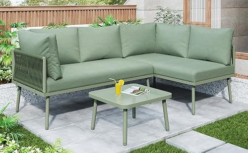 Easexcy Garten-Lounge-Set aus Eisen, Gartenmöbel-Set, L-förmiges Gartenmöbel-Set, Lounge-Set aus mit Sitzkissen, verstellbaren Füßen, 2 Sofas und 1 Tisch, Khaki (Green + Iron)