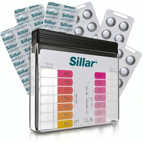 Sillar Tester Piscina pH e Cloro – Kit Analisi Acqua con 60 Pastiglie Test Phenol Red e DPD1 – Scomparti Separati per Misura di Cloro e Acidità – Piscina, Spa e Idromassaggio
