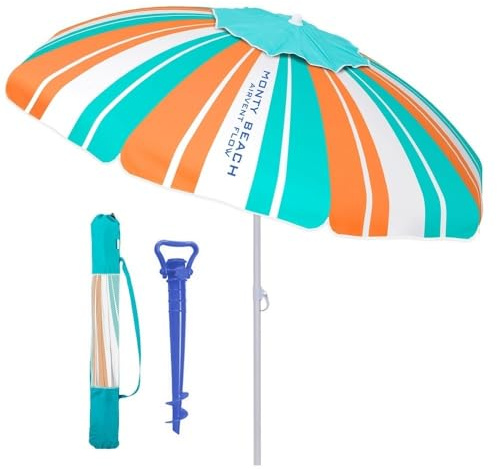 Sombrilla playa 180 cm y soporte arena, protección UV+50, Rayas multicolor