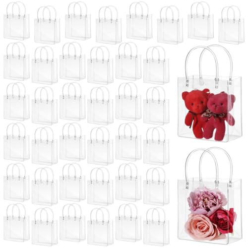 40 Stück Klare Geschenktüten Mit Griffen, 13×7×15 cm Geschenktüten Transparent, Süßigkeitentüten, Wiederverwendbare Wickeltaschen Durchsichtig für Hochzeit, Shopping, Party, Babyparty Gastgeschenk
