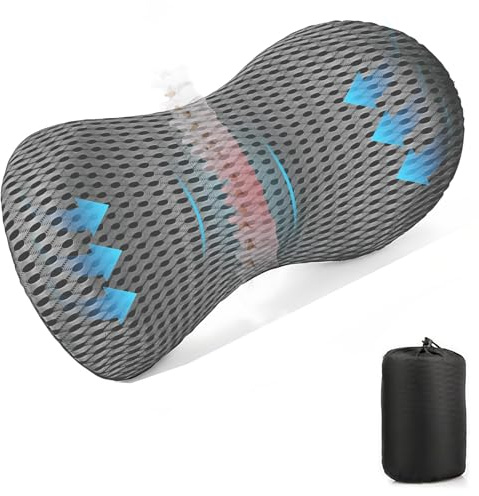 Lumbar Support Pillow Back Cushion for Office Chair Car Driving Seat & Plane, Memory Foam Travel Pillow for Back Pain, Ergonomic with Removable 4D Mesh Cover & Portable Bag for Resting Sleeping, Grey