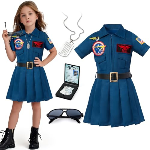 Tacobear Disfraz Piloto Niñas Traje Aviador con Gafas de Sol Collar Vestido de Piloto Uniforme Disfraz para Halloween Carnaval Cosplay (Azul Marino, 100, 2-3 Años)