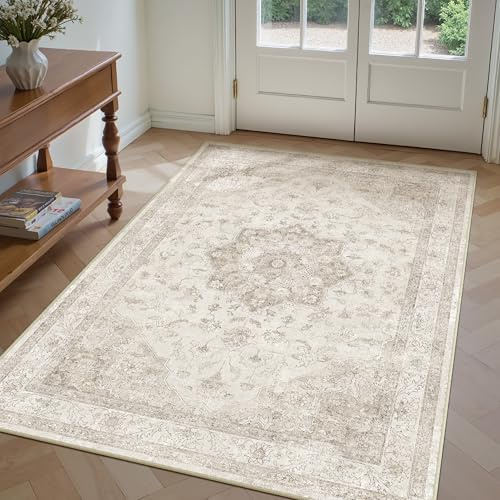 PureCozy Vintage Vardagsrum Matta 140 x 200 cm Stor Beige Mattor Tvättbar Halkfri Golvmatta Sovrum Rug Matsal Kontor Utomhus Barnrum Balkong Rugs Mjuk Kort Lugg Carpet