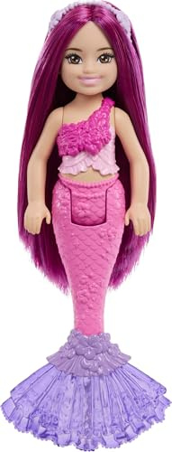 Barbie Chelsea Meerjungfrau kleine Puppe (15,2 cm) mit rosa Haaren, die ein abnehmbares Kronen-Accessoire trägt, Spielzeug 15,2 cm