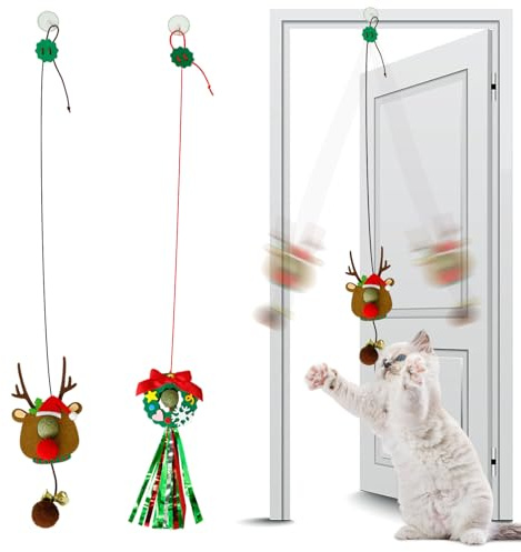 2 Stück Weihnachten Katzenminze Spielzeug, Weihnachts Katzenspielzeug Selbstbeschäftigung Hängende Türrahmen mit Saugnapf, Rentier Girlanden-Design, für Kätzchen zur Unterhaltung im Innenbereich