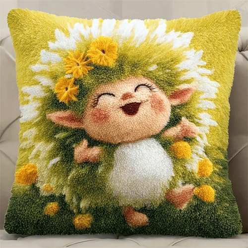 DIY Knüpfkissen Set 43x43cm,Gänseblümchen-Blumen-Igel Knüpfkissen Set für Erwachsene & Kinder,Komplettes Knüpfset mit Muster,Kissenbezug zum Selbermachen,Handarbeitsset für Teppich & Kissen Deko