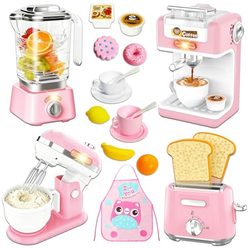 Elettrodomestici Cucina Giocattolo Bambini, Cucina Toy con Luci e Suoni, Macchina Caffè, Frullatore, Tostapane, Sbattitore, Cibo Giocattolo, Grembiule per Bambini 3+ Anni