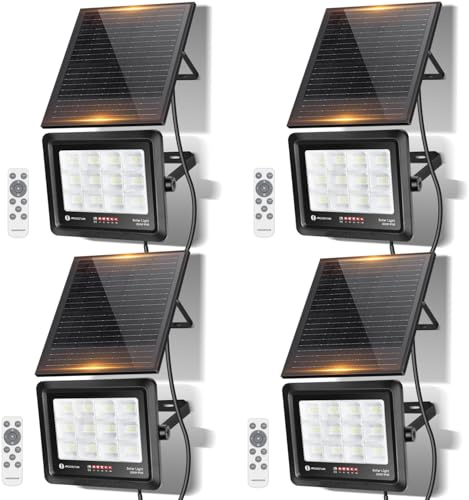 Aigostar Foco Proyector LED Solar con mando a distancia 200w, Blanco Frío 6500K, Foco Solar Exterior IP65,Proyector LED Exterior con Indicación del nivel de batería para Jardín,Garaje, 4 piezas