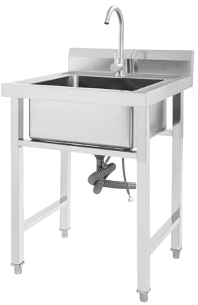 Gastro Spülbecken Edelstahl 60x60x80 cm, Freistehend Küchenspüle mit 360° Wasserhahn und Rückwand, Groß Spültisch Waschbecken für Restaurant, Küche, Bar, Gewerbe