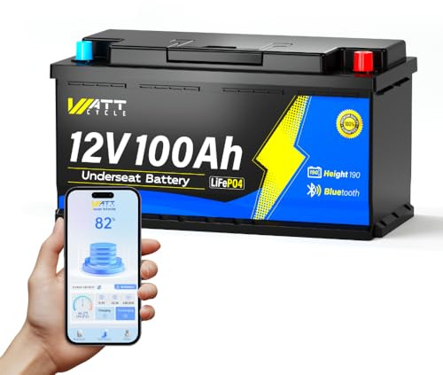 WattCycle Batteria al Litio LiFePO4 12V 100Ah con Bluetooth, 100A BMS, 1280Wh Energia, 15000 Cicli Profondi, Ideale per Camper, Pannelli Solari, Caravan, Barche, Sistemi Fuori Rete