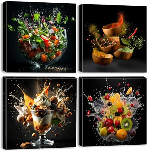 Framed Kitchen Wall Art 4 Pieces Fresh Vegetable Fruits Wall Prints Colorful Herbs Spices Canvas Wall Decor Kitchen Dessert Salad Pictures Modern Restaurant Dining Room Decor Home Decoration 30x30cm