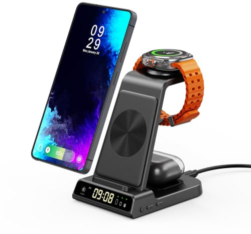 Wireless Charger for Samsung S26 Ultra, 3 in 1 Charging Station for Samsung | for Galaxy S26/S25/S24/Z Flip 8/Z Fold, Stand for Samsung Galaxy Watch 8/Ultra/7/6, Buds 4/4 Pro, Built-in Clock, No Adapter