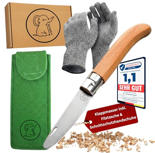 Eli® Schnitzmesser für Kinder mit Filztasche ab 6 Jahre inkl. Handschuhe | hochwertiges Taschenmesser Schnitzset - Kinderschnitzmesser - Schnitzwerkzeug - Outdoor Messer - Geschenk Junge- Mädchen