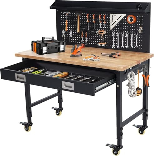 Heavy Duty Adjustable Height Workbench with Power Outlets & LED Light, Solid Wood Top, Locking Wheels, 2000 Lbs Load Capacity for Garage Workshop