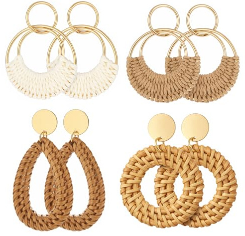 4 par örhängen Rattan för kvinnor Handgjorda Bohemian Raffia Ringar Boho Örhängen Gula Handgjorda Boho för damer Flickor Fest Sommarlovspresenter