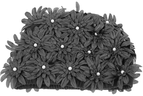 Bonnet de Bain Fleuri Noir en Brocart, Élastique, Adulte | Homme et Femme, Usage Piscine, Réutilisable, Style Estival, Confortable à Porter, Forme Fleur