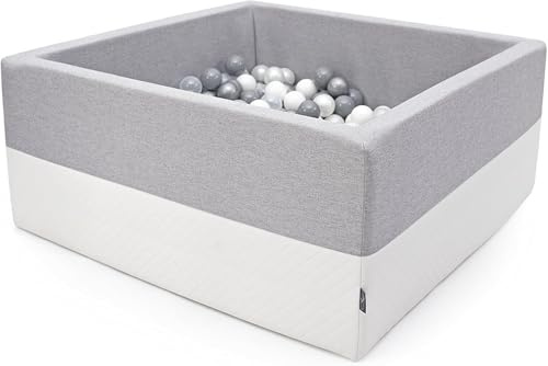 Cristal Luxus Bällebad Bällepool Kunstleder Bällebecken Spielbälle Kugelbad Bällchenbad Spielbecken Ball Bällepool 200 Bälle 7 cm TÜV Zertifiziert (Hellgrau-Weiss - Quadrat)