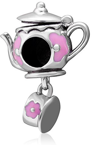 Tekanna berlock med blomma dekorerad kopp för Pandora armband lämplig för högtider 925 sterlingsilver, 925 sterlingsilver med 925 sterlingsilver