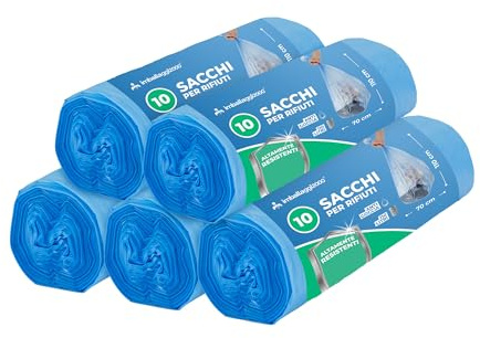IMBALLAGGI 2000 - Sacchetti Spazzatura 70x110(110L) in Plastica Riciclata Azzurri 10 Rotoli x 10 Sacchi Spazzatura Raccolta Differenziata Interno, Tot 100 Sacchetti Tutti Rifiuti Resistenti Rinforzati