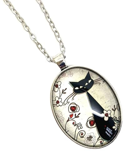 Collier fantaisie pour femme, cabochon en verre, sautoir illustré bronze, vintage, rétro, original, parure « Le chat parmi les fleurs », noir, rouge, beige, argenté (ref.33a)